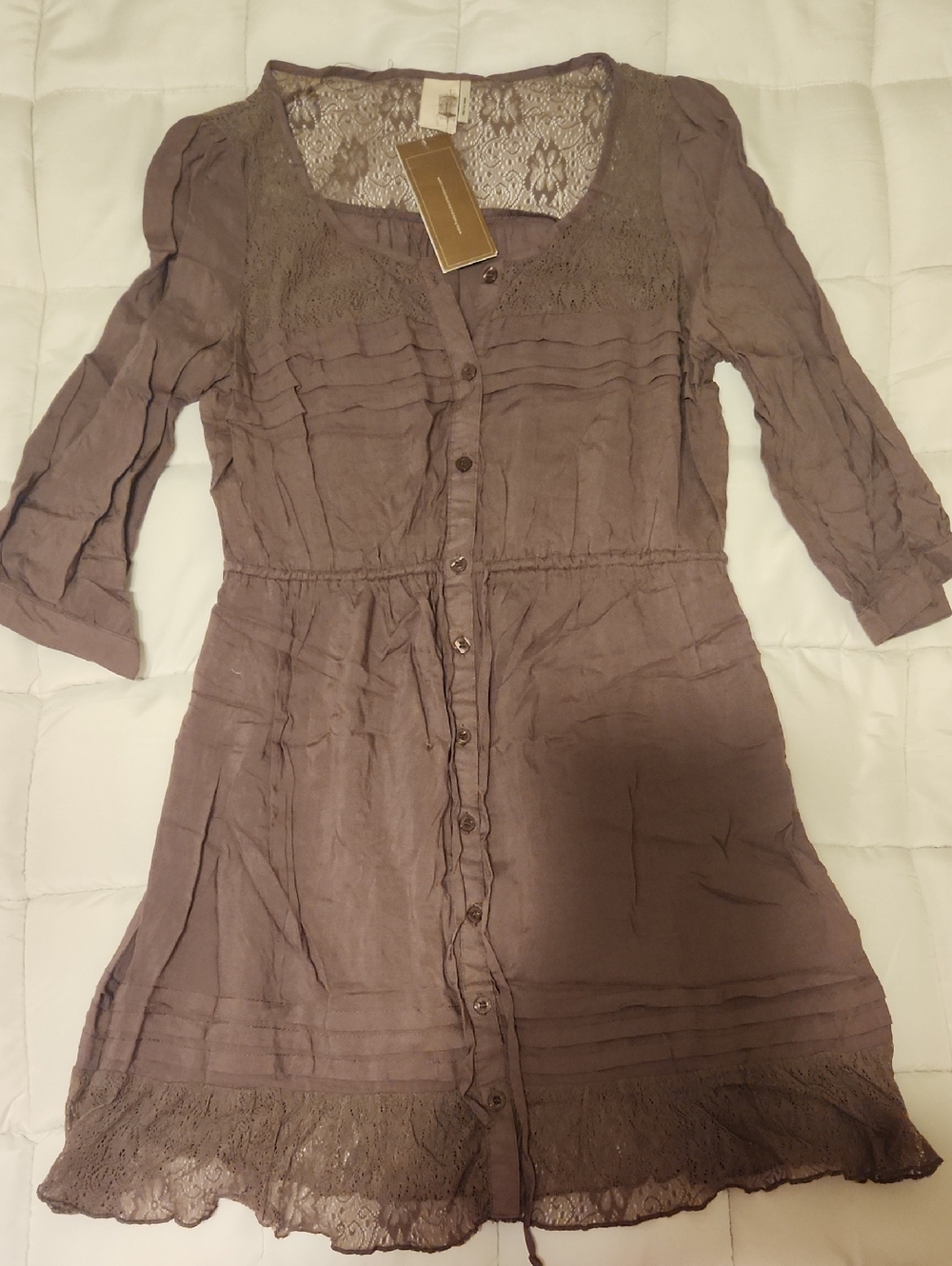 NWT FRANCESCA'S Women's Brown Lace-Trim Button Front Tunic Size L